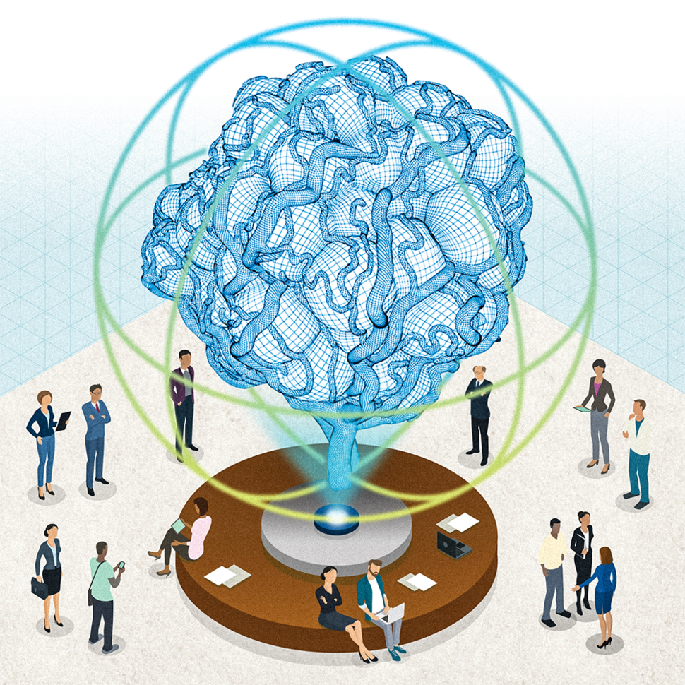 Illustration of people viewing a large model of a tumor.
