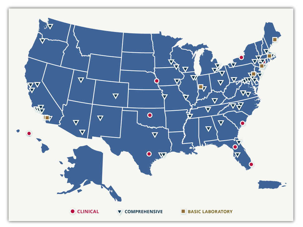 A map of the USA with designations for the locations of cancer centers