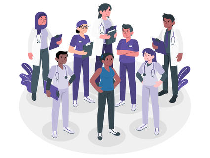 Drawing of diverse health care team standing with a person of color.