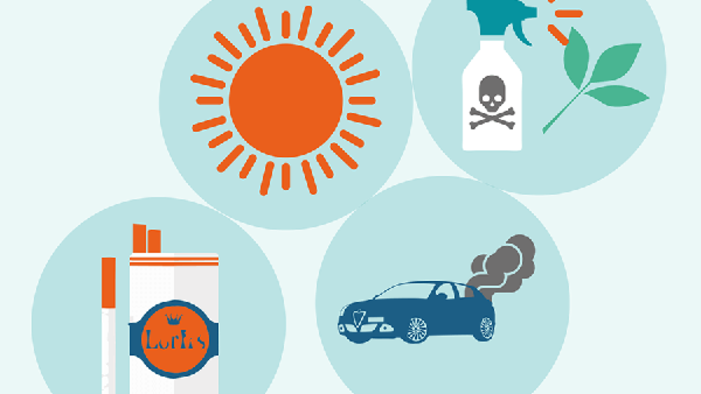 Collage showing sources of cancer-causing substances, including a pack of cigarettes, a sun, a bottle of herbicide, and vehicle exhaust.